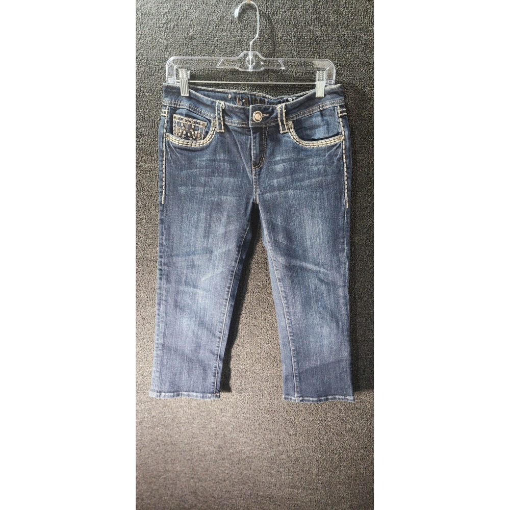 LA Idol USA Womens Embellished Capri Jeans Dark Wash Fleur De Lis Size 9 W31 L18